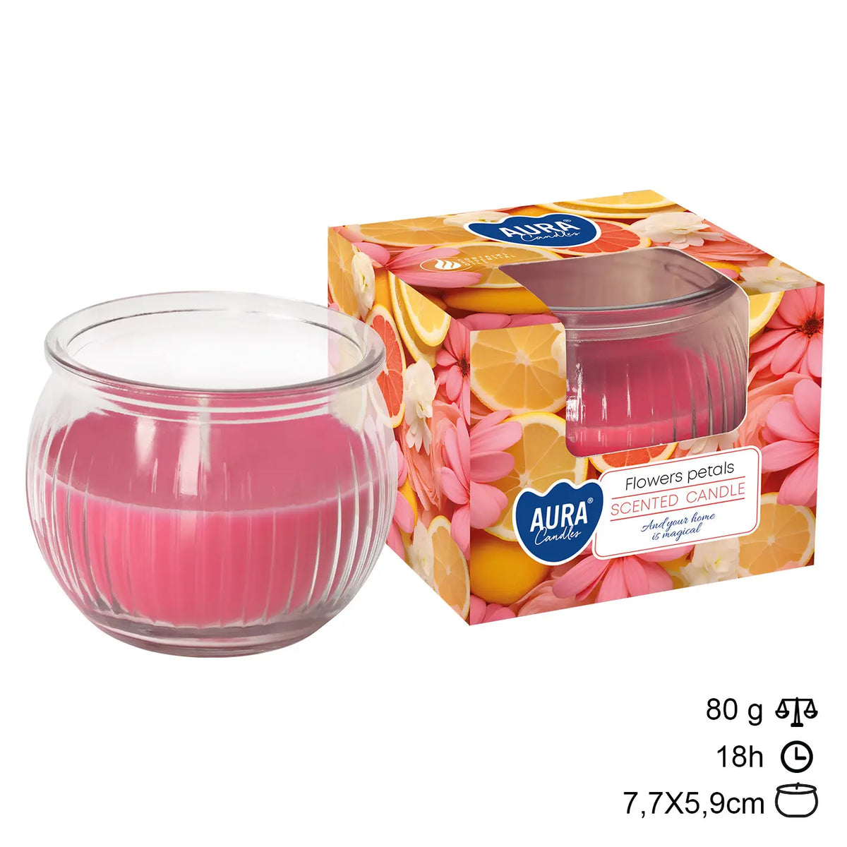 Bougie verre à pétales de fleurs 18h