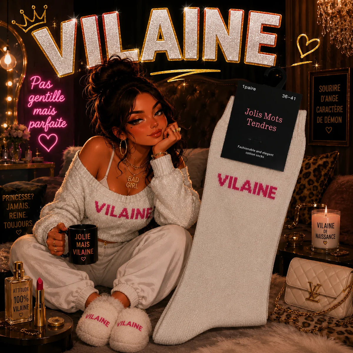 Paire de Chaussettes Fun "VILAINE" Beige Doré