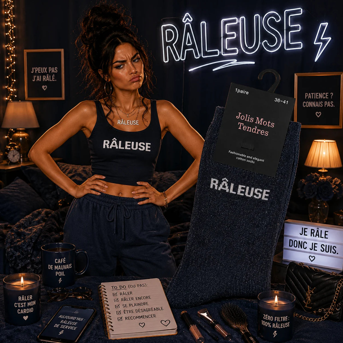 Paire de Chaussettes Fun "RÂLEUSE " Bleu Nuit