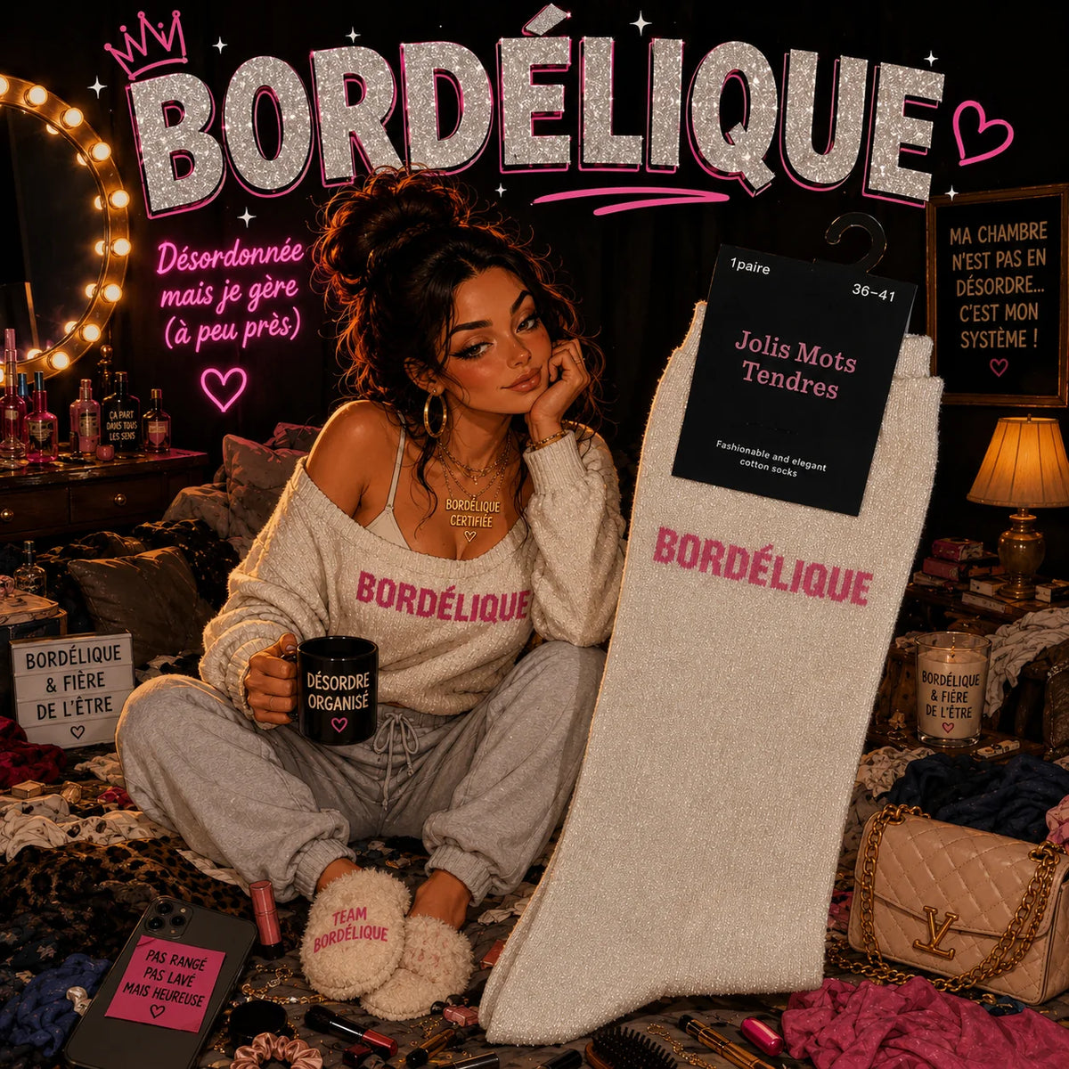 Paire de Chaussettes Fun "BORDÉLIQUE " Beige Dorée