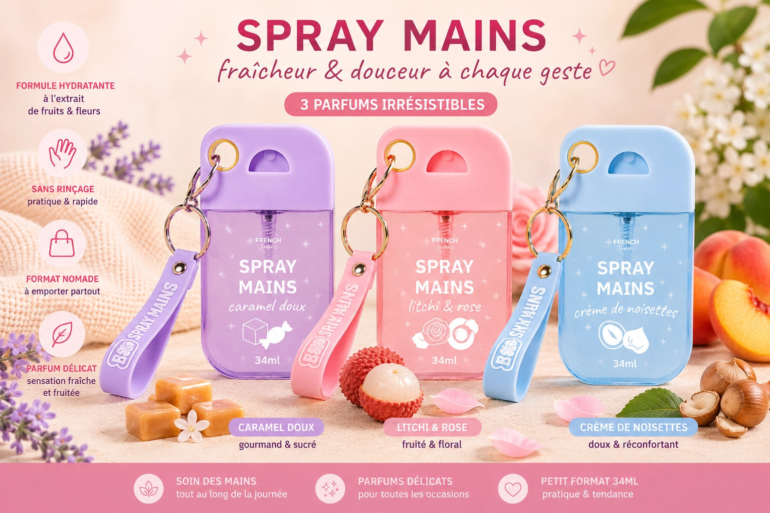 Spray Mains Parfumé 34 ml avec porte cle – Accessoire Beauté
